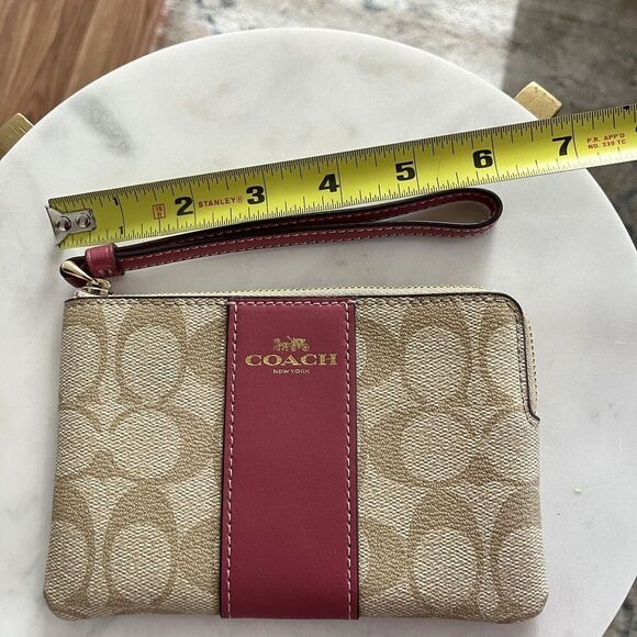 Coach Khaki/Dark Fuchsia Signature PVC Leather Corner Zip Wristlet Wallet - Picture 8 of 8